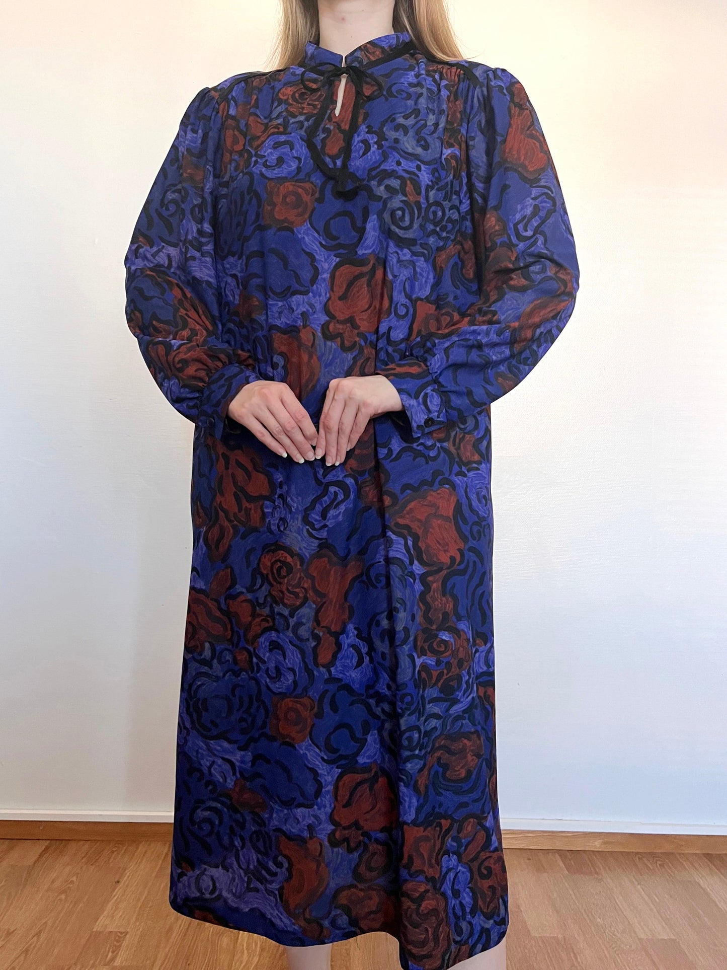 80s bold floral pattern dress, Size L-XL