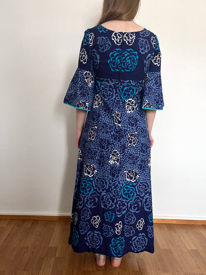 70s 100% cotton blue floral maxi dress, Size S