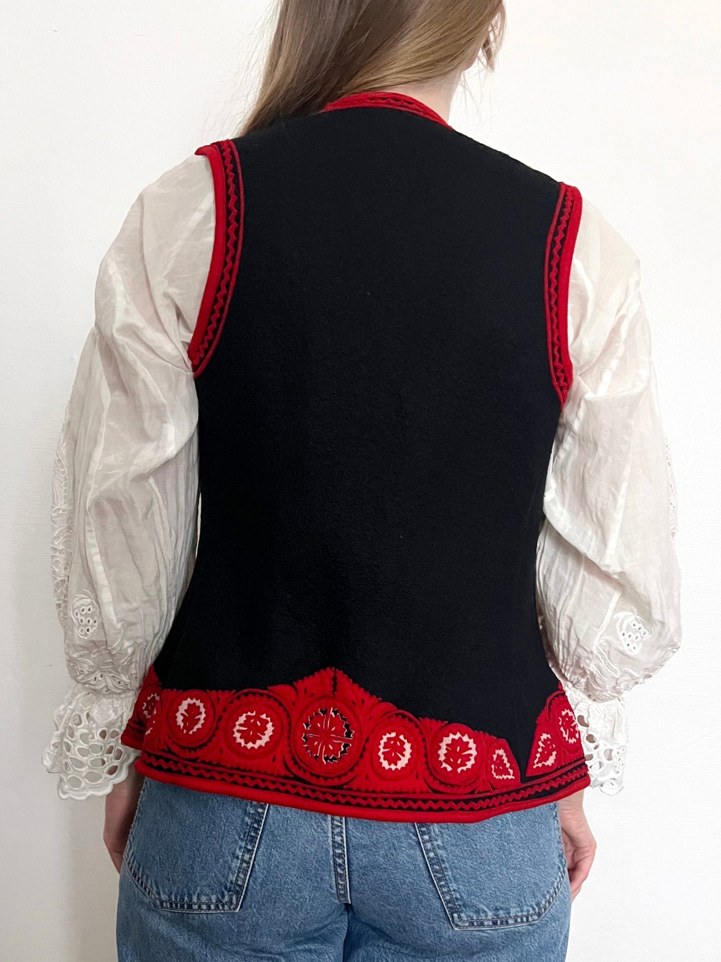 Hungarian felted black, red and white vest, Size XS-S