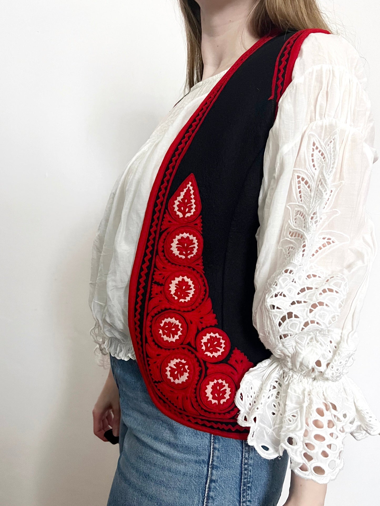 Hungarian felted black, red and white vest, Size XS-S