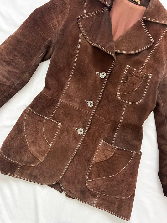 70s dark brown suede jacket, Size XS