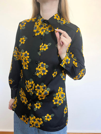 70s black and yellow floral shirt, Size XL