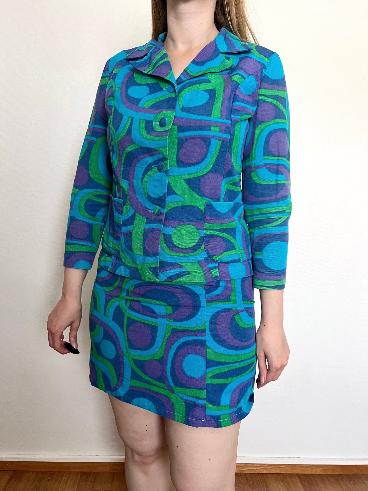 60s blue geometric shirt and skirt set, Size S