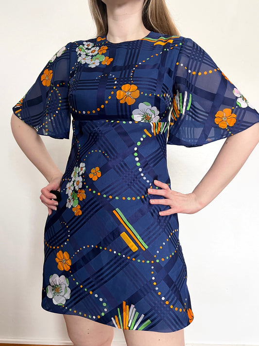 70s blue flared sleeves mini dress, Size XS-S