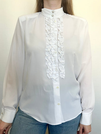 80s white ruffle blouse, Size M