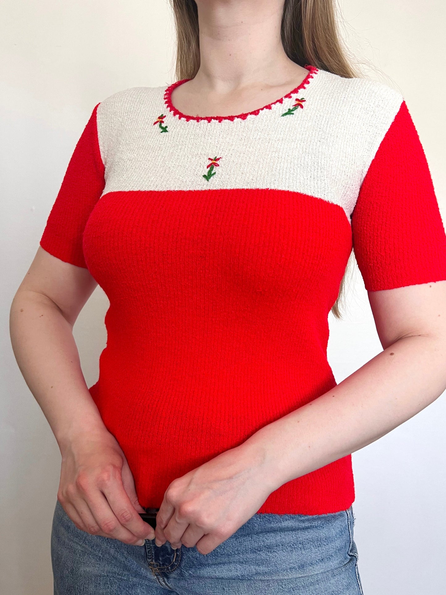 70s red and white knit summer top, Size XS-S
