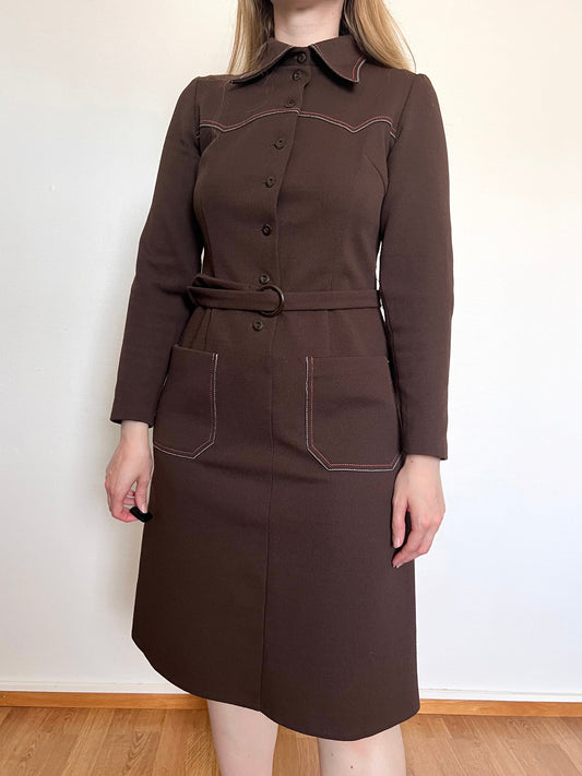 70s brown dress with pockets, Size S-M