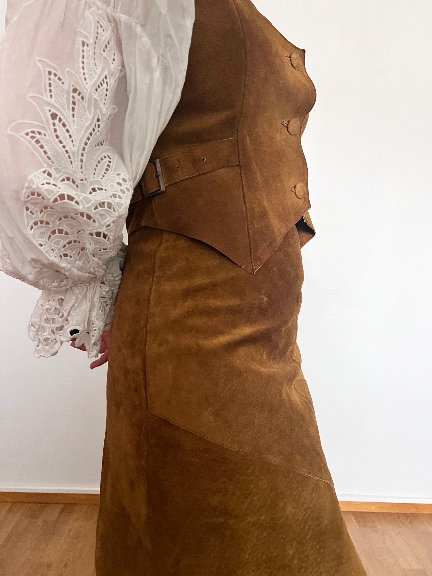 70s brown suede vest and skirt set, Size S