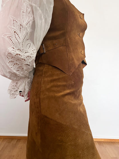70s brown suede vest and skirt set, Size S