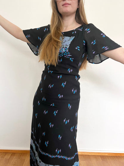 70s black and blue flutter sleeves maxi dress, Size XS