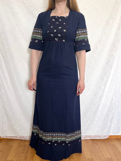 70s cotton dark blue maxi dress, Size S
