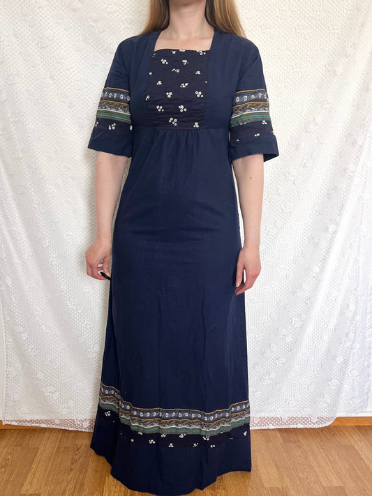 70s cotton dark blue maxi dress, Size S