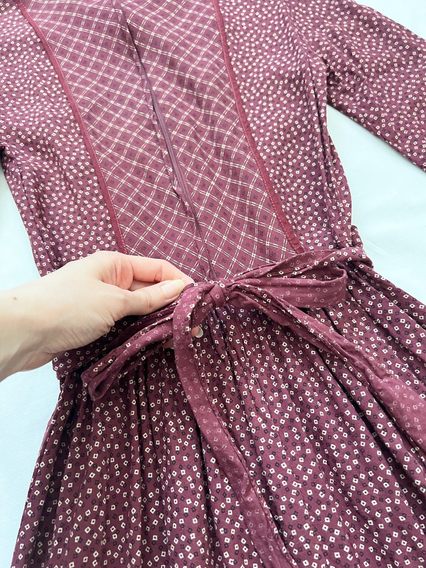 70s prairie inspired burgundy dress, Size XXS-XS