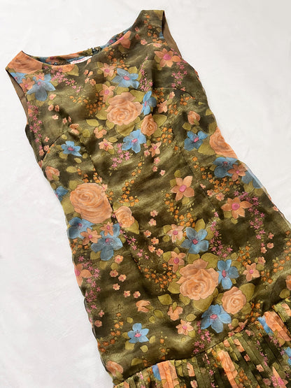 60s green floral dress, Size XS-S