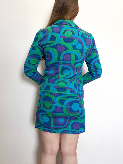 60s blue geometric shirt and skirt set, Size S