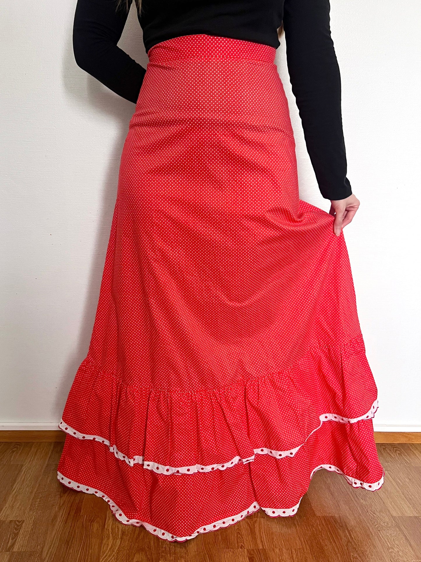 70s Pia & Paula red and white polka dot maxi skirt, Size S