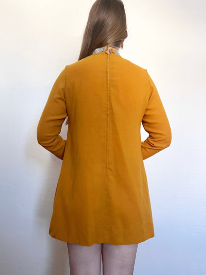 60s mustard yellow and silver mini dress, Size XS-S