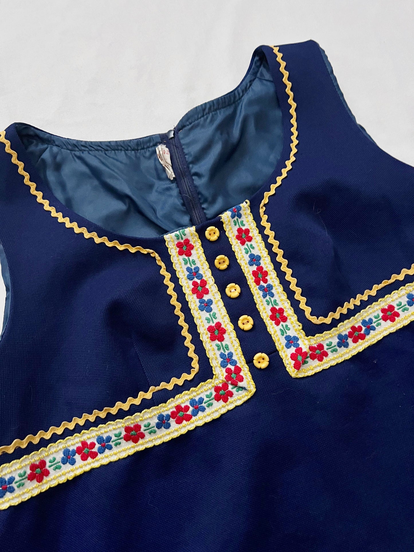 60s navy blue folk style trim dress, Size L