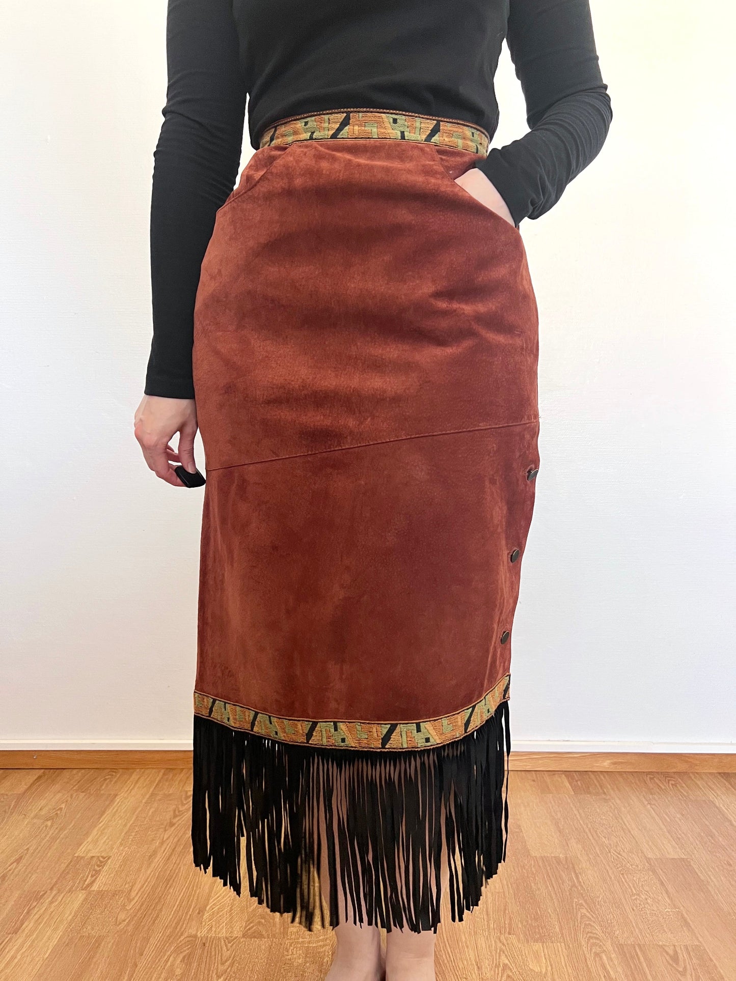 70s suede fringe skirt, Size S