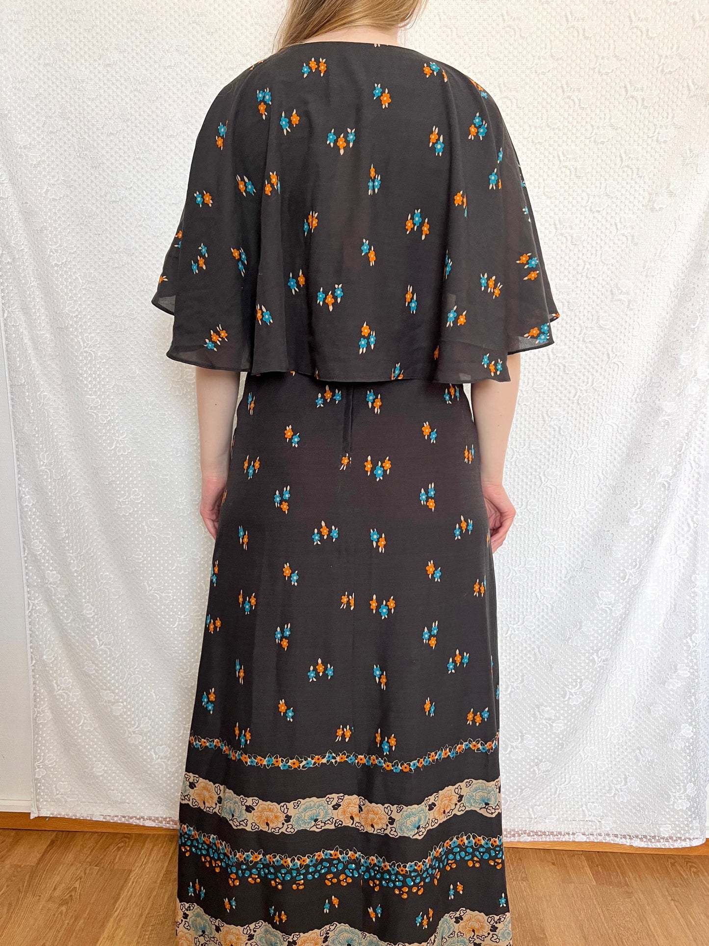 70s black floral cape dress, Size S