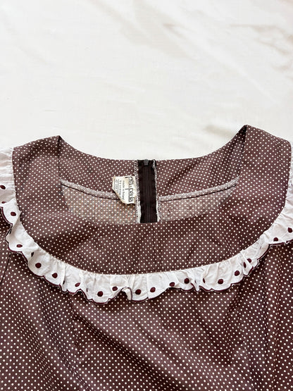70s brown & white polka dot dress, Size L