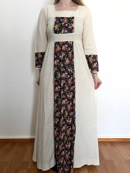 70s cotton cream and floral maxi dress, Size S