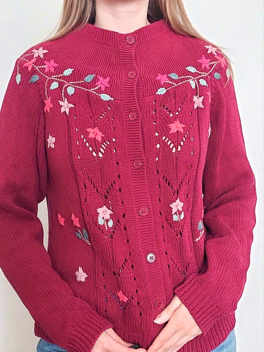 Burgundy flower cardigan, Size M-L