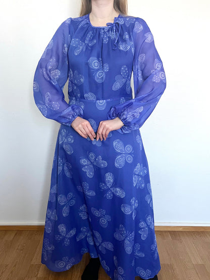 60s blue butterfly dress, Size M-L