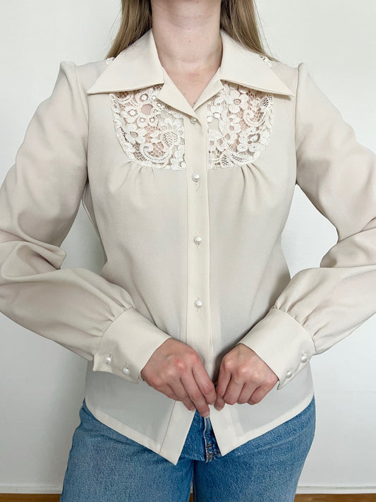 70s white lace shirt, Size M-L