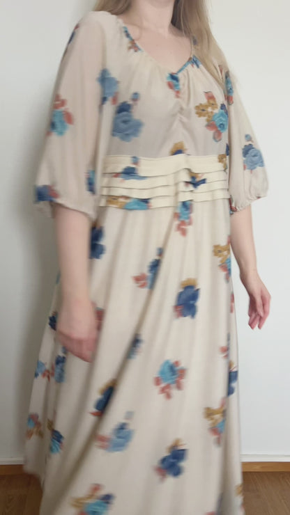 70s cream flower dress, Size L