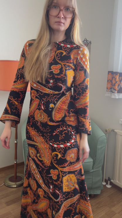 70s paisley pattern and wide sleeves dress, Size S