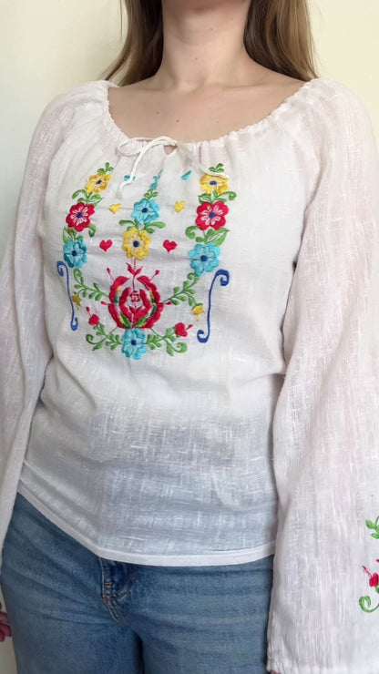 70s floral embroidery white blouse, Size S